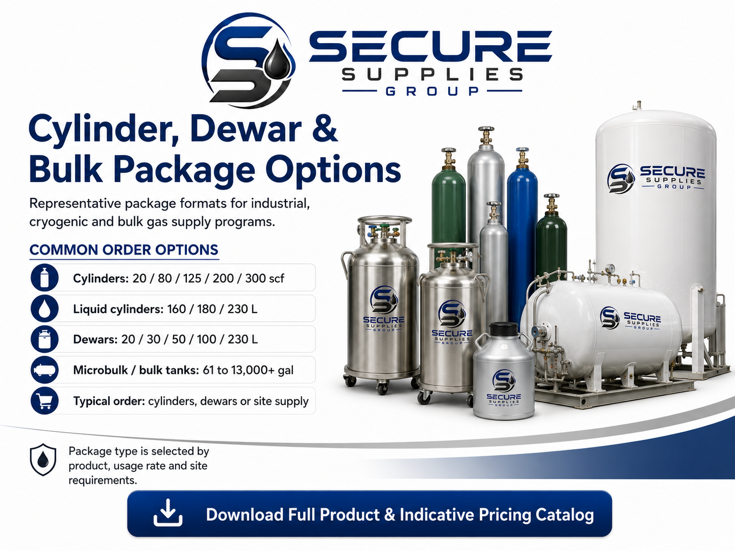 Secure Supplies cylinders, dewars, and bulk gas packaging